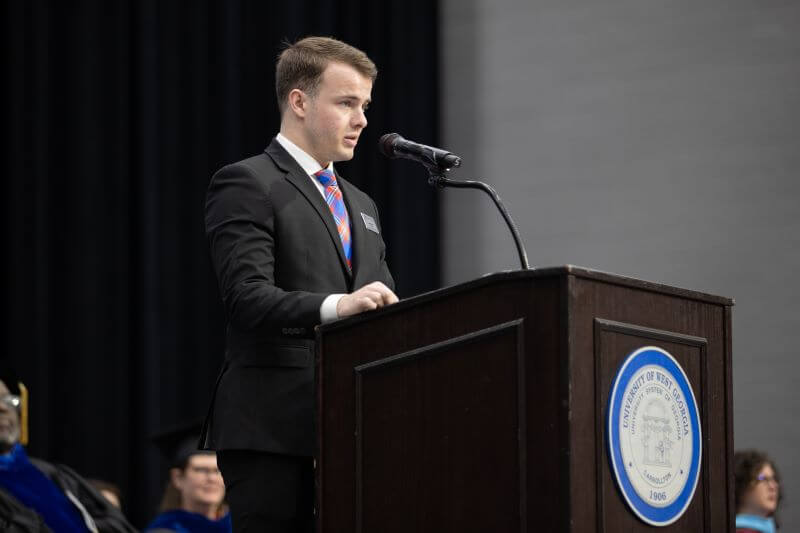 SGA president Zachary Potter speaking at UWG commencement