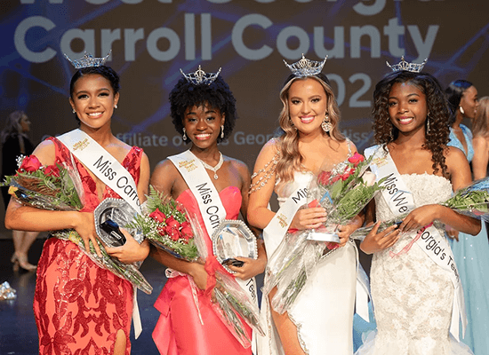 Left to right: Jesimina Walker, UWG student and Miss Carroll County; Corynn Nurse, Miss Carroll County's Teen; Lexi Atkins, UWG student and Miss West Georgia; and Abigail Parham, Miss West Georgia's Teen
