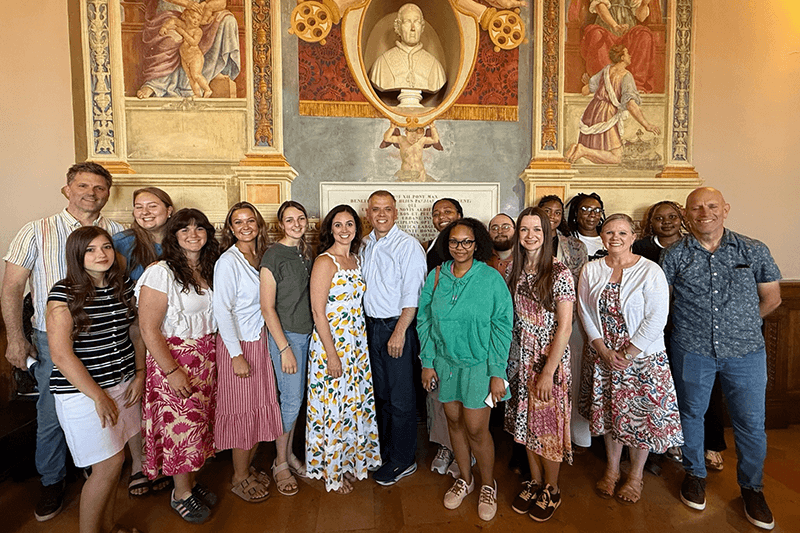 Members of the delegation –including UWG President Dr. Michael Johnson and First Lady Beth Johnson (center) – with Italian officials