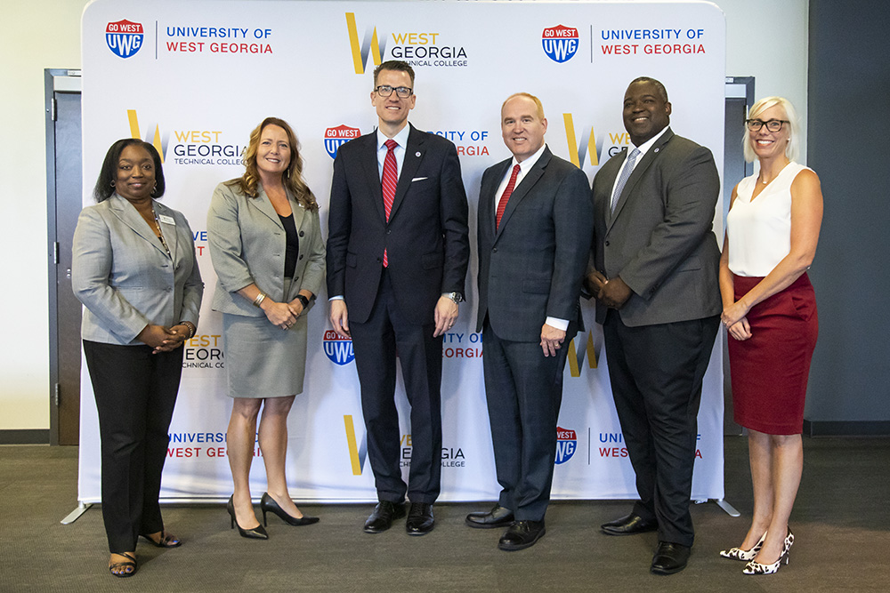 (L - R) Dr. Tonya Whitlock, West Georgia Technical College’s vice president for Student Affairs; WGTC President Dr. Julie Post; University of West Georgia President Brendan Kelly; UWG Provost Dr. Jon Preston; André L. Fortune, UWG’s vice president for Student Affairs and Enrollment Management; and Dr. Meredith Brunen, vice president for University Advancement and CEO of UWG Foundations
