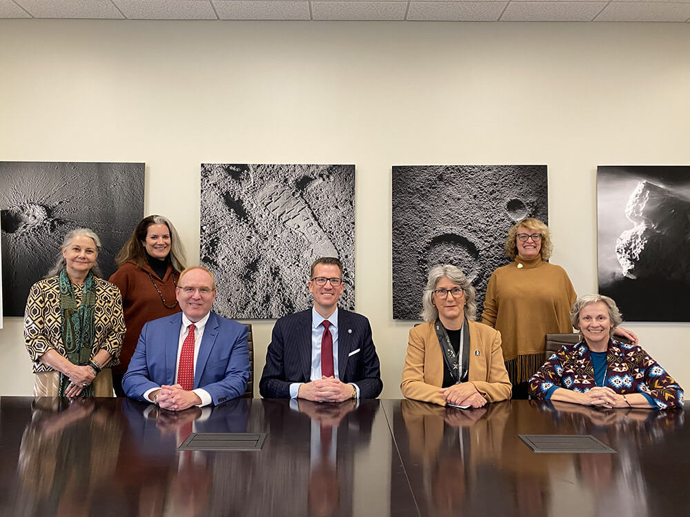 L to R: Dr. Pauline Gagnon, dean of UWG's College of Arts, Culture and Scientific Inquiry; Shelly Elman, professor of theatre and department chair of UWG English, Film, Languages, and Performing Arts; Jon Preston, UWG provost and senior vice president; Dr. Brendan Kelly, UWG president; Dr. Linda R. Buchanan, president of Andrew College; Deborah Liss-Green, Andrew College assistant professor of theatre; Dr. Karan Pittman, Andrew College academic dean