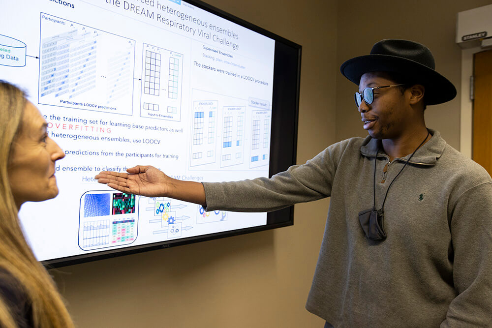 Student looks at display in class 