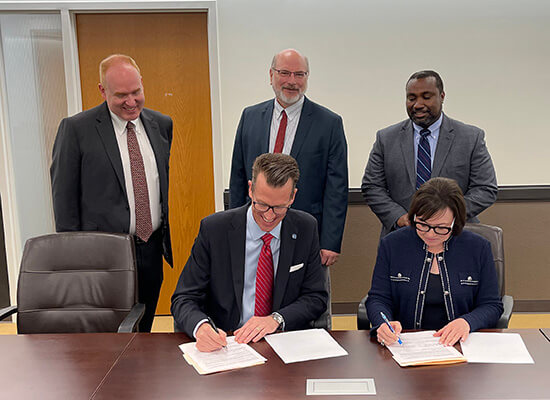Front row, left to right: Dr. Brendan Kelly, UWG president; Dr. Margaret H. Venable, Dalton State president. Back row, left to right: Dr. Jon Preston, UWG provost and senior vice president for academic affairs; Dr. Bruno Hicks, Dalton State provost and vice president for academic affairs; Dr. Chris Johnson, UWG Richards College of Business dean