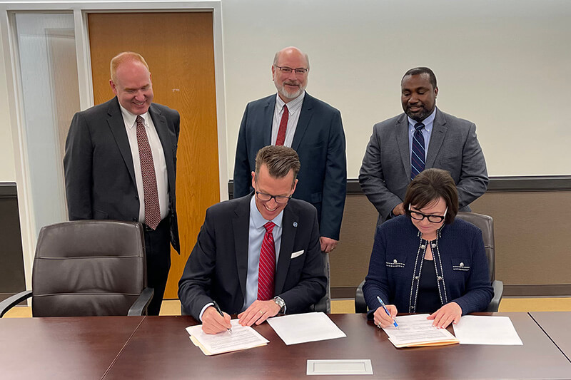 Front row, left to right: Dr. Brendan Kelly, UWG president; Dr. Margaret H. Venable, Dalton State president. Back row, left to right: Dr. Jon Preston, UWG provost and senior vice president for academic affairs; Dr. Bruno Hicks, Dalton State provost and vice president for academic affairs; Dr. Chris Johnson, UWG Richards College of Business dean