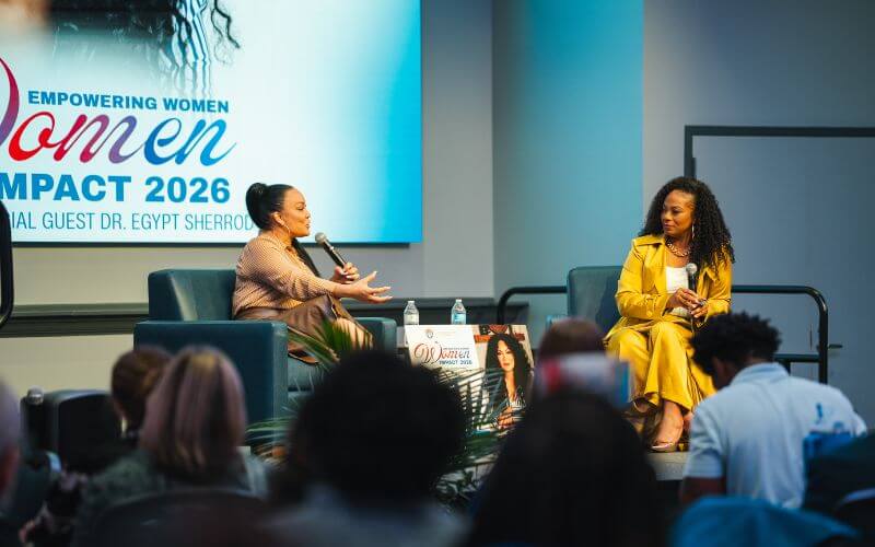 Egypt Sherrod speaking to Taylor Bryant at UWG's Women Empowering Women