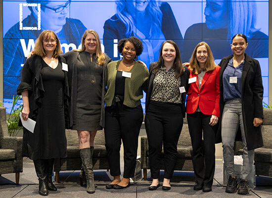 L to R: Dr. Jeannie Pridmore, UWG professor of management information systems and MBA graduate program director; Kerry Brown, strategist and thought leader; Shantel Stennett '19 '20, data analyst for WarnerMedia; Danielle Dillinger '17 '18, data analyst II for Southern Motor Carriers; Anne Marie Colombo, security and compliance officer for regulated industries at SAP; and Aandia Mayhew '20, security engineer for The Home Depot.