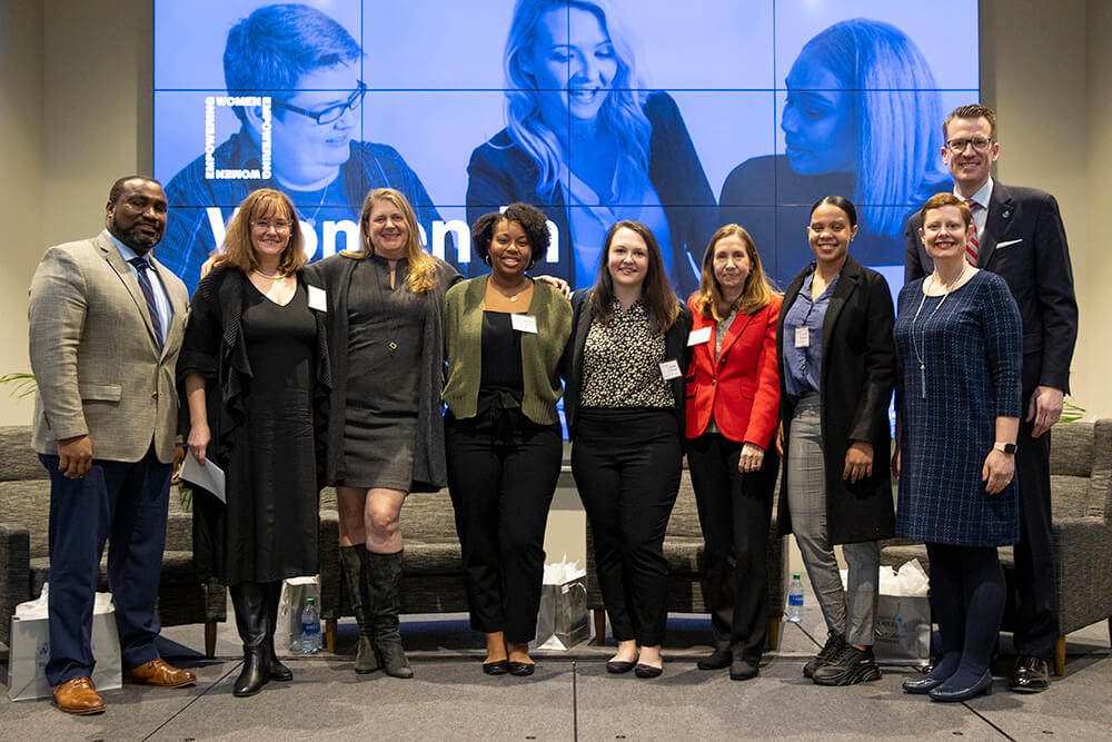 L to R: Dr. Chris Johnson, UWG dean of the Richards College of Business; Dr. Jeannie Pridmore, UWG professor of management information systems and MBA graduate program director; Kerry Brown, strategist and thought leader; Shantel Stennett '19 '20, data analyst for WarnerMedia; Danielle Dillinger '17 '18, data analyst II for Southern Motor Carriers; Anne Marie Colombo, security and compliance officer for regulated industries at SAP; Aandia Mayhew '20, security engineer for The Home Depot; Dr. Tressa Kelly, UWG first lady; and Dr. Brendan Kelly, UWG president.