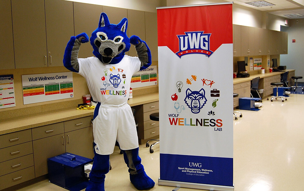 UWG's mascot, Wolfie, in the Wolf Wellness Center.