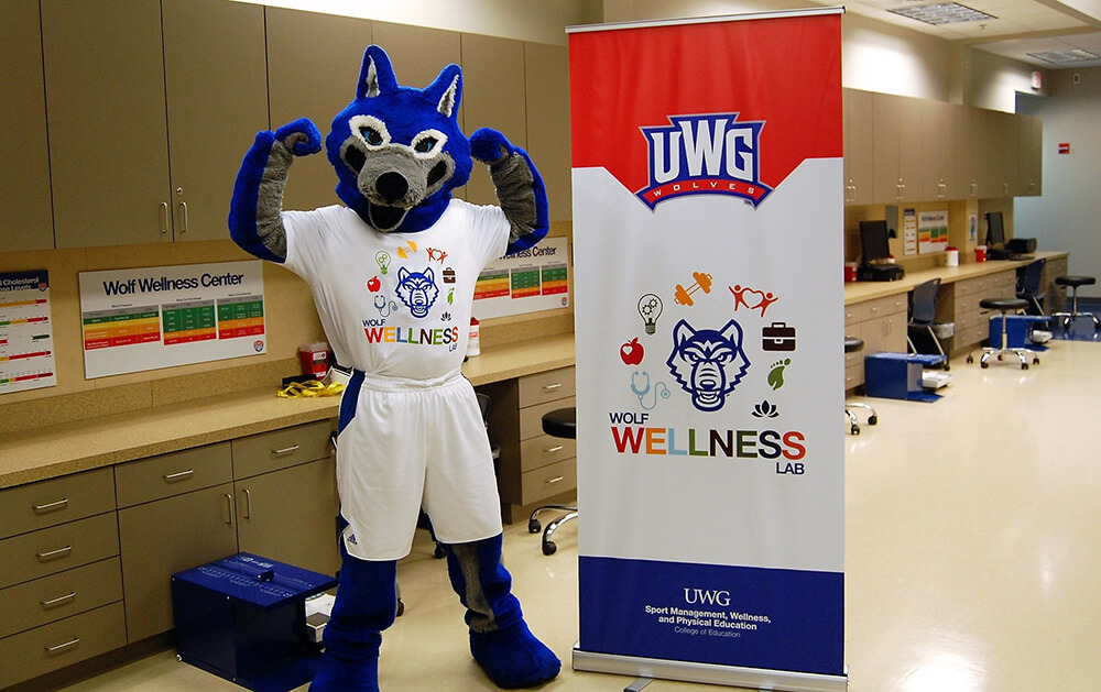 UWG's mascot, Wolfie, in the Wolf Wellness Center.