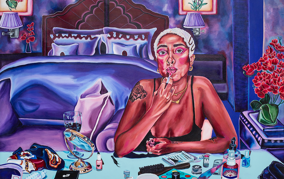 painting of woman putting on makeup at a mirror