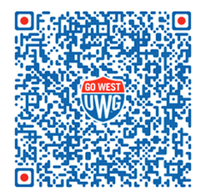 Blue and white qr code with Go West UWG sign logo in center