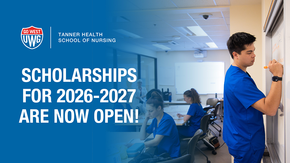 Scholarship poster with nursing students in class and one male student writing on white board, all in blue scrubs. Poster says SCHOLARSHIPS FOR 2026-2027 ARE NOW OPEN.