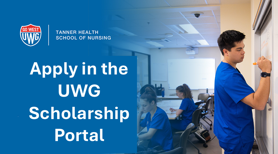 Scholarship poster with nursing students in class and one male student writing on white board, all in blue scrubs. Poster says SCHOLARSHIPS FOR 2026-2027 ARE NOW OPEN.