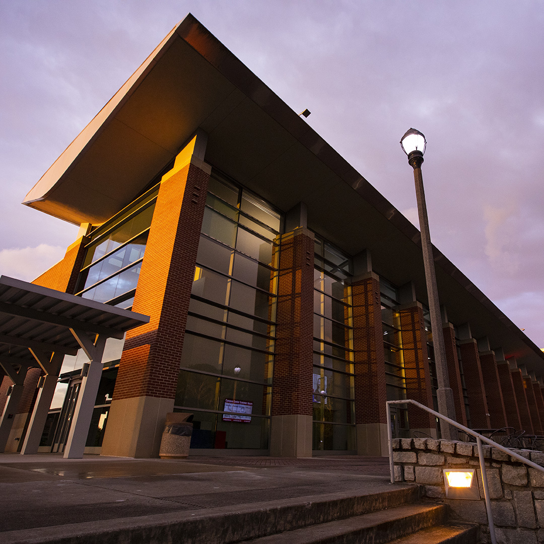 exterior of the Campus Center at sundown