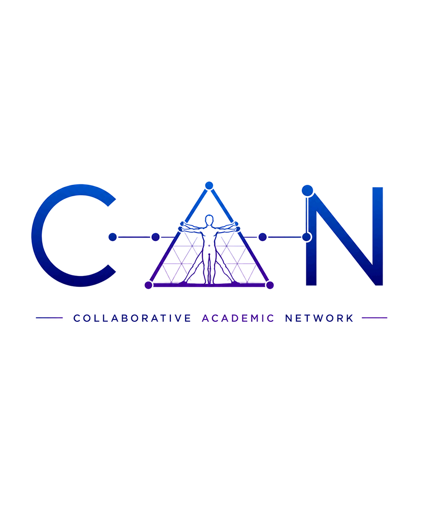 Collaborative Academic Network (CAN) logo featuring a geometric “A” with a Vitruvian-style human figure and connected nodes in a blue-to-purple gradient