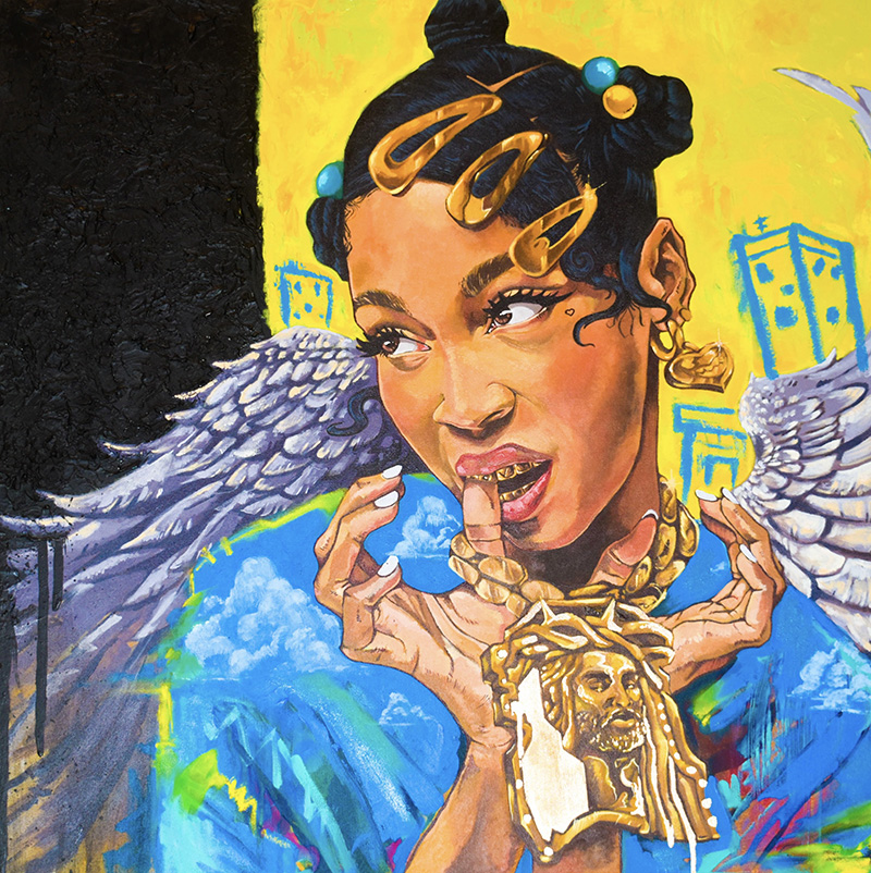 paintings in a surreal style of a black women with angel wings