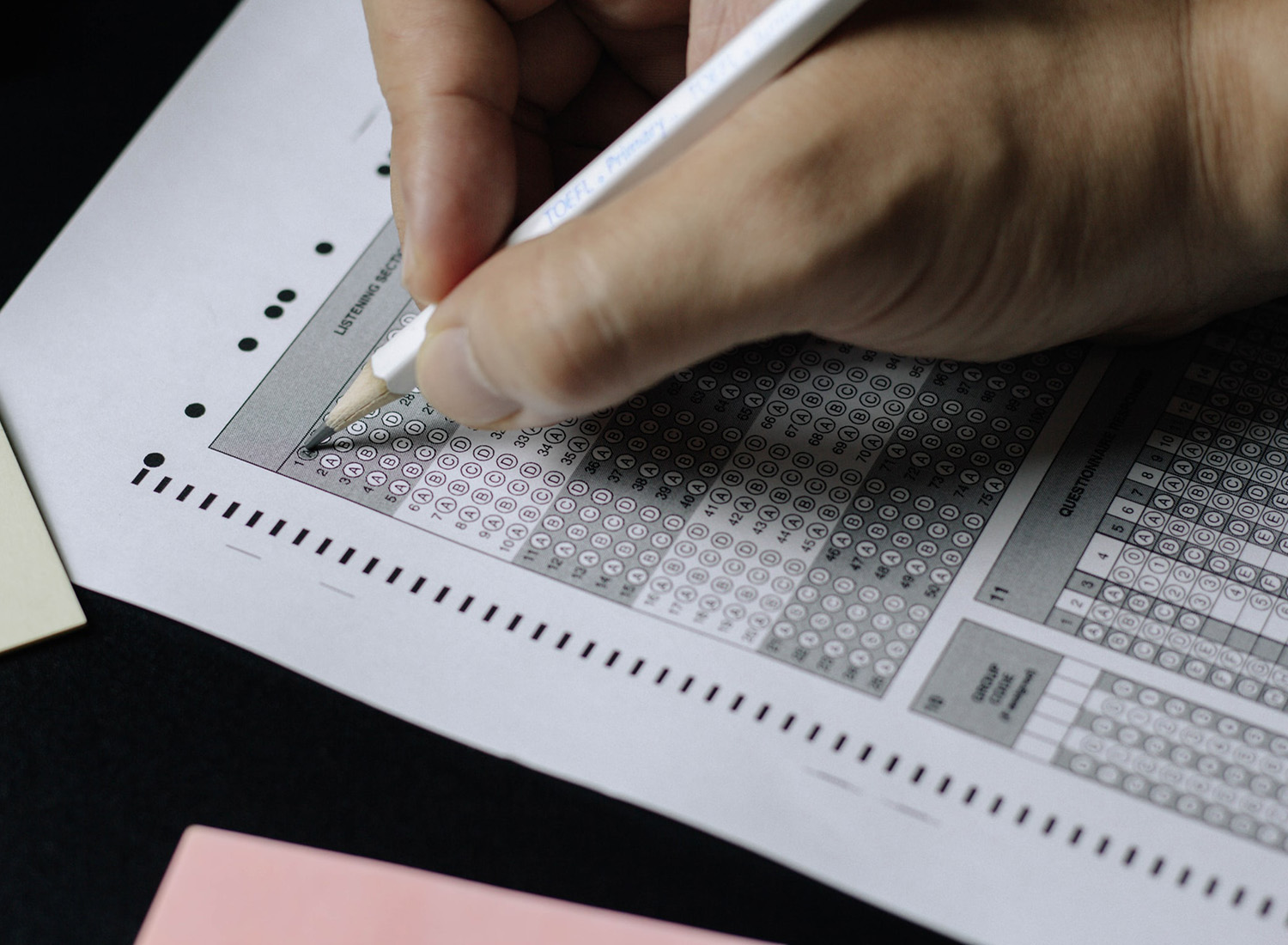 Up close image of a scantron testing sheet.