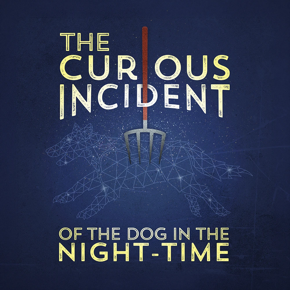 logo for The Curious Incident of the Dog in the Night-Time featuring the title above a stylized outline of a dog pierced by a garden fork on a dark blue background.