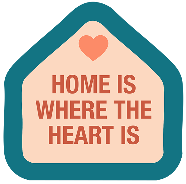 Home Is Where the Heart Is logo with text within a house outline