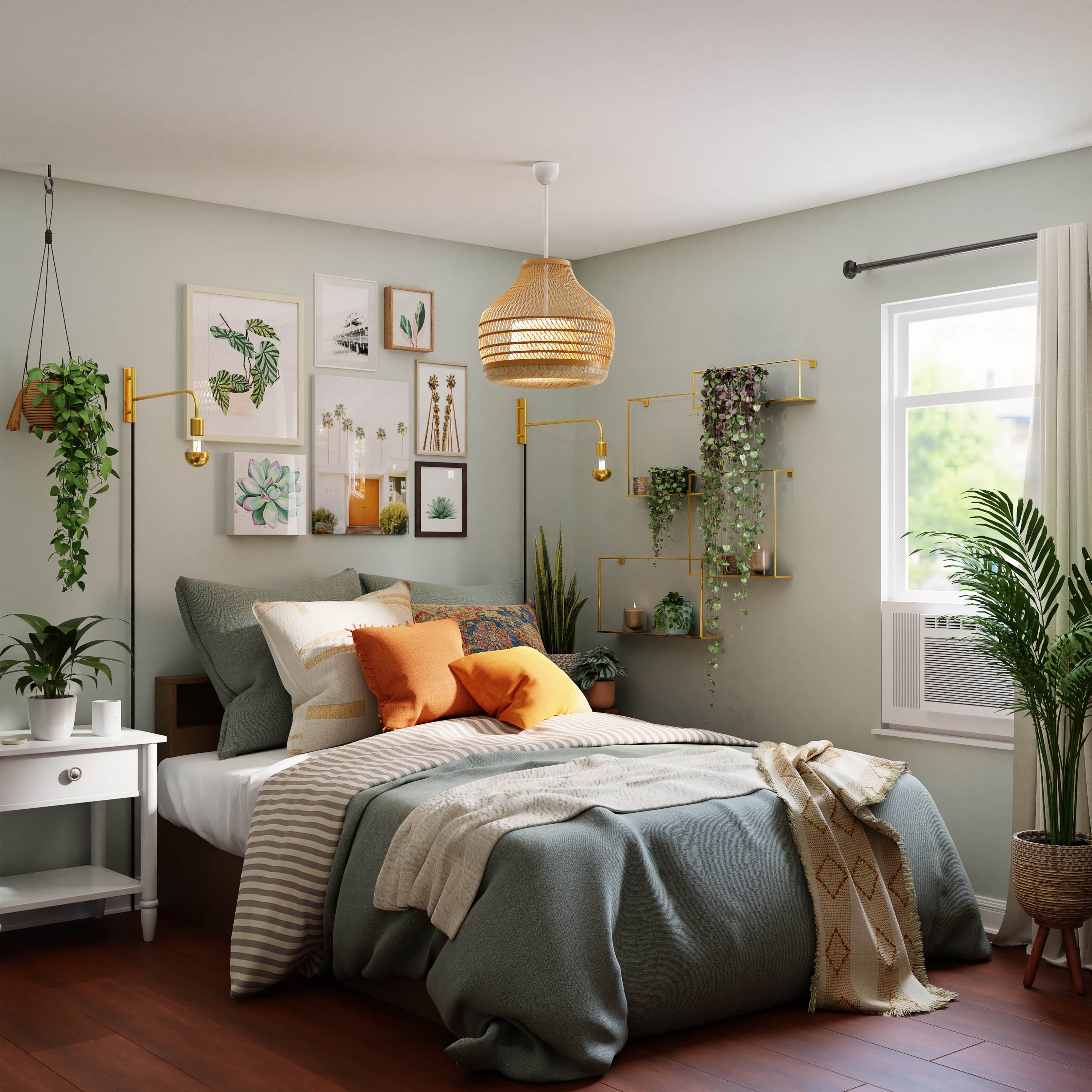Small bedroom with lots of plants, stock image.