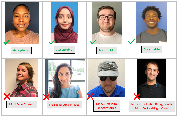 Photo ID guidelines showing acceptable photos and unacceptable photos for to submit for your wolves id card.