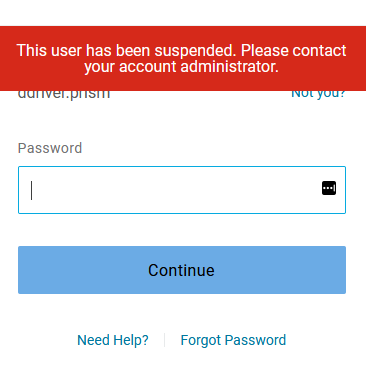 OneLogin 'account suspended' prompt.