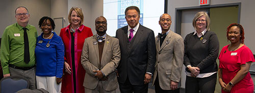 L-R: Gourley; Rouse; Rayfield; Dr. Stacy Boyd, interim chief diversity officer; Franklin; Dr. Larry Rivers, associate professor of history; Willox; McCrory
